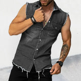 Riolio 2024 Spring/Summer New Men's Denim T-shirt With Lapel, Sleeveless Cardigan, Single Breasted Top Pocket