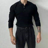 Riolio Mens Pullover Polo Korean Retro Stripe Temperament Ribbed Knit Top Autumn Slim Fit Long Sleeve Casual Trend Muscle Men's Clothes