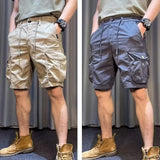 Riolio Men New Summer Cargo Shorts Male Fashion Loose Fit Casual Pants Multiple Pockets Solid Color Khaki Length Mid Trousers