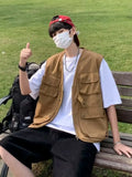 Riolio Casual ex Vest Multi-ket Workwear Sle Svel V-Ne Summer Faion Trend Youth Leisure Vintage Japanese Sle