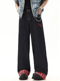 Riolio Men's Fashion Plaid Splicing Jeans Embroidery Design Baggy Straight Denim Pants Korean Vintage High Street Hip Hop Male Trousers