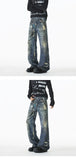 Riolio Jean Men Unique Design Graffiti Street Style Drag Jeans Urban Trendy Fashion Distressed Long Fit Casual Denim Pants Edgy Hip Hop