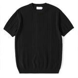 Riolio  Knitted Short-sleeved T-shirt Men's Solid Color Stripe Summer Casual Half-sleeved Round Neck Heavyweight Bottoming Shirt