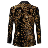 Riolio Mens Luxury Gold Velvet Sequins Floral Pattern Suit Jacket Blazer Shawl Collar Stylish Blazers Men Wedding Party Stage Costumes