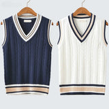 Riolio Sweater Vest Men Thicken V-neck Sleeveless Knitted Sweaters Vests Striped Retro Preppy-style Simple Chic Loose Casual All-match