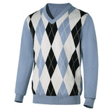 Riolio New Japanese Retro Men Sweater Luxury Trendy Plaid Patchwork V Neck Knit Solid Color Pullover Leisure Loose Long Sleeve Knitwear