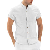 Riolio  Spring Summer Designer Casual Shirts For Men Cotton Linen Solid Color Shorts Sleeve Shirts White Loose Stand Collar Shirts Tops