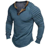 Riolio  Spring Autumn Vintage Henry Collar Mens T-shirts Casual Button Pleated Long Sleeve Tee Men Leisure Solid Loose Pullover Tops