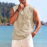 Riolio  Cotton Linen Sleeve T-Shirt for Men Casual Beach Style Lightweight Lace Up Vest Breathable Cool Feeling Tops Male Tank Tops