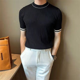 Riolio Men's Clothing Fashion Patchwork Tops Luxury High Quality Knit O Neck Short-sleeved T-shirt Leisure Popular Retro Slim Knitwear