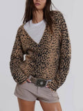 Riolio  Casual Leopard Knit Sweater Women's V-Neck Long Sleeve Single Breasted Open Front Coat Autumn New Lady Vintage Cardigan