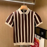 Riolio  Contrasting Color Striped Zipper Knitted Short-sleeved T-shirt Men's Niche Versatile Casual Top