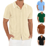Riolio Summer Beach Breathable Hollow Out Shirts Men Casual Short-sleeved Button Lapel Knit Shirt Vintage Patchwork Knitting Cardigans