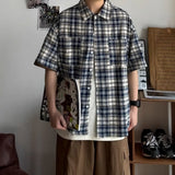 Riolio  New Men's Color-blocking Retro Plaid Shirt Lapel Teenager
