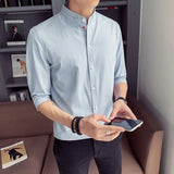 Riolio  New Men Shirt Summer Sky Blue Quarter Sleeve Cardigan Stand Collar Zhongshan Top