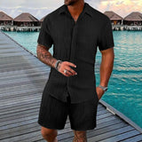 Riolio  European and American summer casual sports set trend loose solid color breathable cardigan short sleeved shorts set