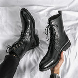 Riolio Men Lace Up High-top Boots Fashionable Outdoor Black Combat Boots