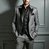 Riolio  Men Suit Dark grey 3 Pieces Single Button With Lapel For Wedding Birthday Banquet Business Work Office Jacket Pant Black Vest