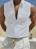 Riolio  Summer New Striped Sleeveless Shirt Men's Slim Breathable Collared Tank Top Lightweight Seersucker Textured Casual Open Vest