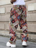 Riolio  Mens Wide Leg Straight Pants With Retro Jacquard Geometric Pattern Elastic Waist Casual Trousers