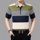 Riolio  Summer Middle-aged Elderly Men's Trend Lapel Button Printed Geometric Striped Pullover Casual Loose Short Sleeved T-shirts Tops