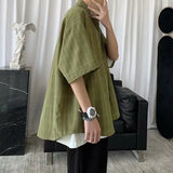 Riolio Korean Style Loose and Versatile Plaid Five-point Sleeve Shirt