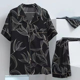 Riolio Men Ice Silk Pajama Set Sleepwear Nightclothes Black XL XXL 3XL Shirts Shorts Printed Feather Smooth Solid Color Casual