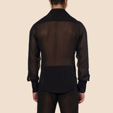 Riolio Men's Clothing Mesh See Through Mesh Sexy Long Sleeve Shirt Solid Color Button-down Vintage Streetwear Retro Party Tops S-XL