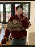 Riolio American style autumn and winter street fashion half zipper polo sweater for couples loose retro red Harajuku knit top y2k