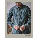 Riolio Retro Vertical Striped Denim Shirt Heavy American Casual Vintage Workwear Clothes Washing Old Pockets Long-sleeve Shirt