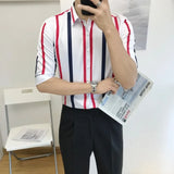 Riolio  Men's Fashion Striped Slim Fit Lightweight Shirt Three Quarter Sleeve Summer New Trendy Design Versatile Casual Wear