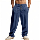 Riolio  Men's High Waist Linen Wide Leg Pants with Button Detail Elastic Drawstring Casual Trousers for Men