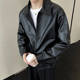 Riolio  New Autumn Men's Casual Textured PU Jacket High Street Zip-up Turn-down Collar Solid Color Long Sleeve Retro Coats M-3XL