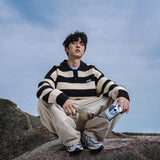 Riolio American autumn and winter high street men and women trendy personalized striped lapel shirts for couples loose retro casual top