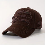 Riolio  Unisex Back Text Embroidery Street Distressed Hole Multi-Layer Fabric Baseball Cap Adjustable Size Solid Color Couples Friends