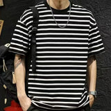 Riolio  New Striped Summer Loose American Trendy T Shirt Round Neck Casual Short Sleeve Top for Men