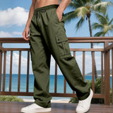 Riolio  Summer Men Straight‑Leg Cargo Pants Light‑Weight Fabric Daily Wear Elastic Waist Multi‑Pocket Outdoor Casual Trousers
