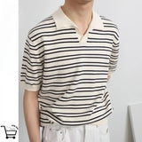 Riolio American summer high street men and women trendy striped lapel short sleeved couple loose hip-hop casual Harajuku T-shirt y2k