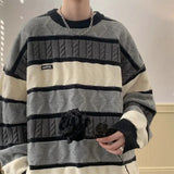 Riolio Japanese Style Vintage Color Blocking Cable Knit Striped Round Neck Sweater For Men And Women Winter Warm Preppy Thickened Knit