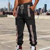 Riolio  Men's Striped Side Cargo Joggers Loose Fit Drawstring Fleece Sweatpants With Multi Pockets Casual Sports Trousers