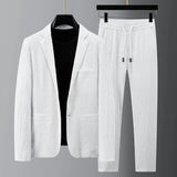 Riolio 2Pcs Men Blazer Pants Set Spring Fashion Suit Stripe Pleats Long Sleeve Turndown Collar Jacket Drawstring Trousers for Wedding