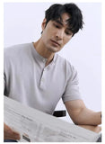 Riolio New Fashion American Style Men T-shirt Luxury Striped Knitted Henry Collar Tees Casual Solid Color Short Sleeve Breathable Tops