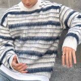 Riolio  Men's Luxury Knitted Mohair Stripe Sweater Chic Long Sleeve Solid Color O Neck Pullover Autumn Korean Trendy Male Clothing M-2XL