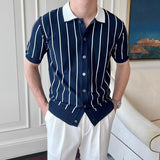 Riolio  Summer Daily Casual Mens Slim Shirts Knitted Short Sleeve Buttoned Lapel Knit Shirt Men Clothes Fashion Knitting Cardigans