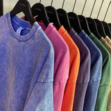 Riolio American Style Retro Heavyweight Solid Color Short Sleeved T-shirt Men Women Summer Street Trendy Washed Old Oversized Clothes