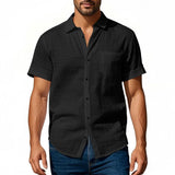 Riolio  Cross-border Men's Hawaiian Style Flax Casual Henry Neck Lapel Casual Short Sleeve Shirt