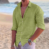 Riolio New Men's Shirt Cotton linen Fashion Casual Polo Neck Beach Shirt Long Sleeve Solid Hawaiian Holiday Shirts