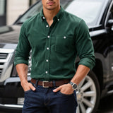 Riolio  Men's Green Corduroy Button Down Shirt Long Sleeve Slim Fit Casual Shirt with Pocket for Fall Winter