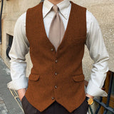 Riolio  Men Vest Blue Herringbone Solid Color Single Button Waistcoat For Wedding Business Banquet Work Formal Men Suit Vest
