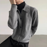 Riolio New Korean Fashion Men Cardigan Jacket Light Luxury Knitted Polo Neck Long Sleeve Sweater Coat Casual Retro Solid Color Knitwear